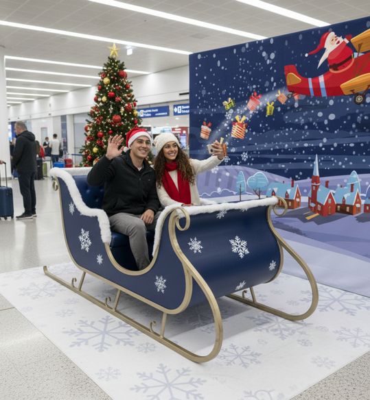 Trineo navideño decorativo para foto en aeropuerto